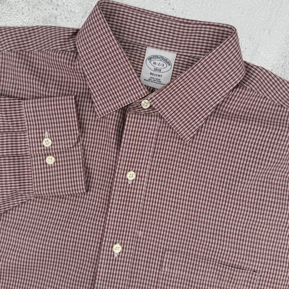 Brooks Brothers Button Down Men 16 Large Burgundy Gingham Cotton Regent Non-Iron